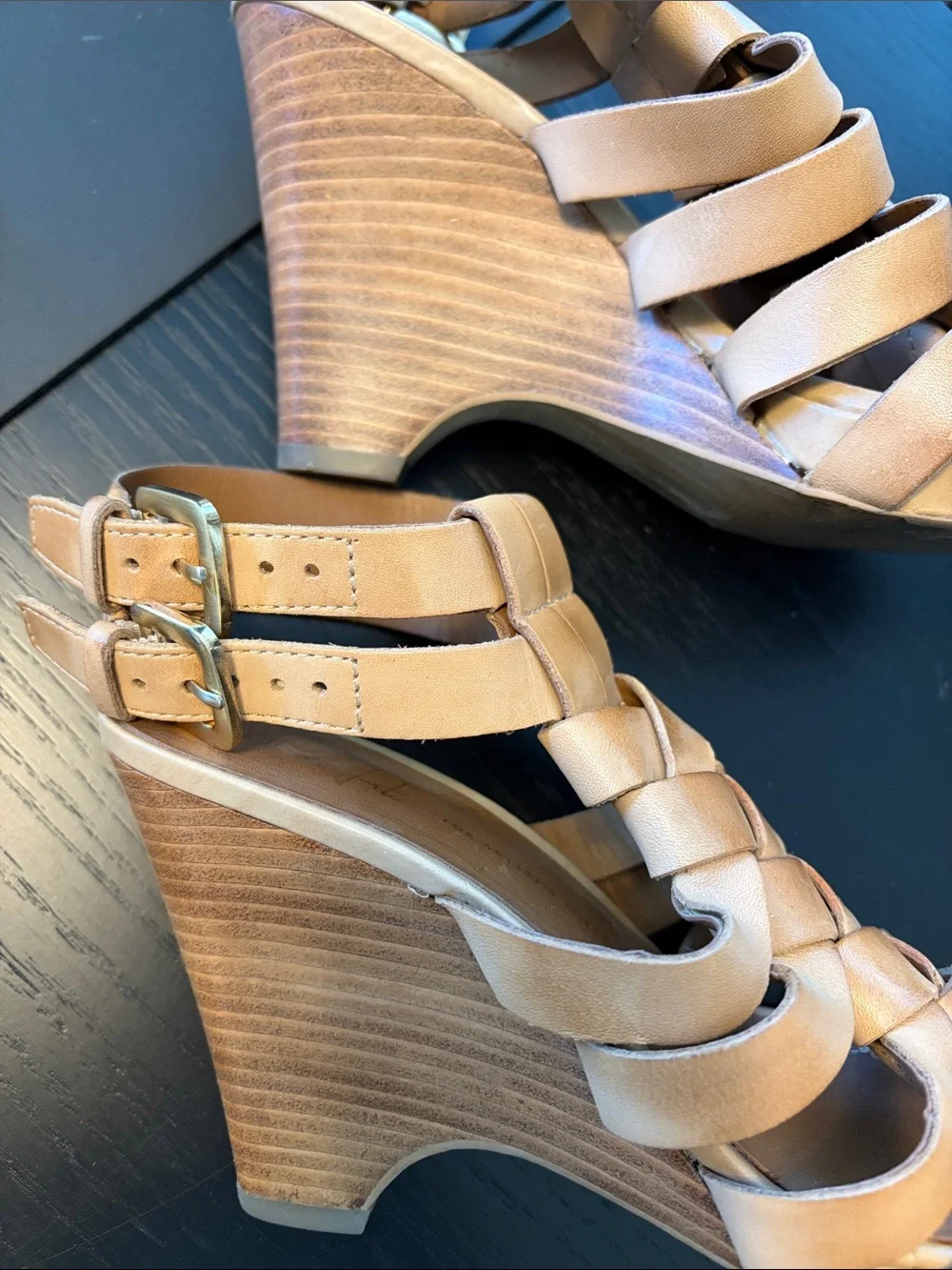 Franco Sarto Tan Woven Leather Wedge Sandals